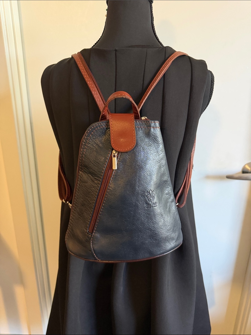 Vera Pelle Mee in Italy Navy Blue Leather Mini Backpack with Brown Trim